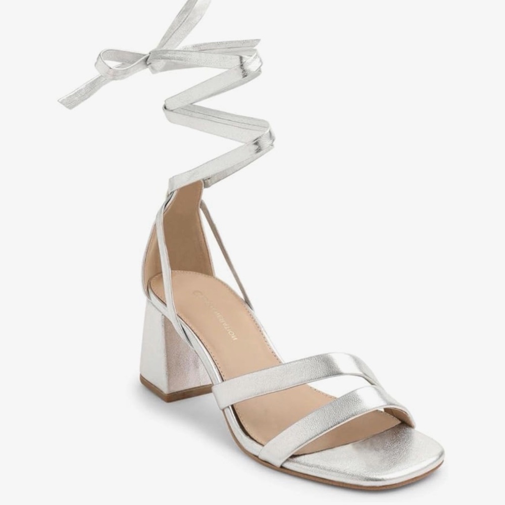 BCBGeneration Silver Wrap-Ankle Block Heel Sandal